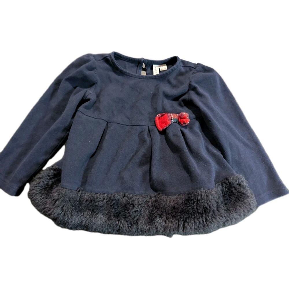 Janie and Jack Girls Navy Faux Fur Trimmed Top Size 3 Toddler Plaid Accent Bow